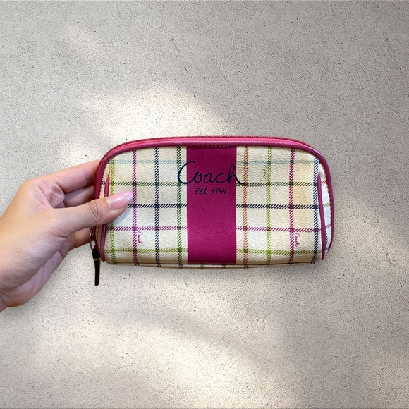 Vtg Coach Plaid Pink Magenta Spellout Logo Poppy Pouch - Picture 1 of 4